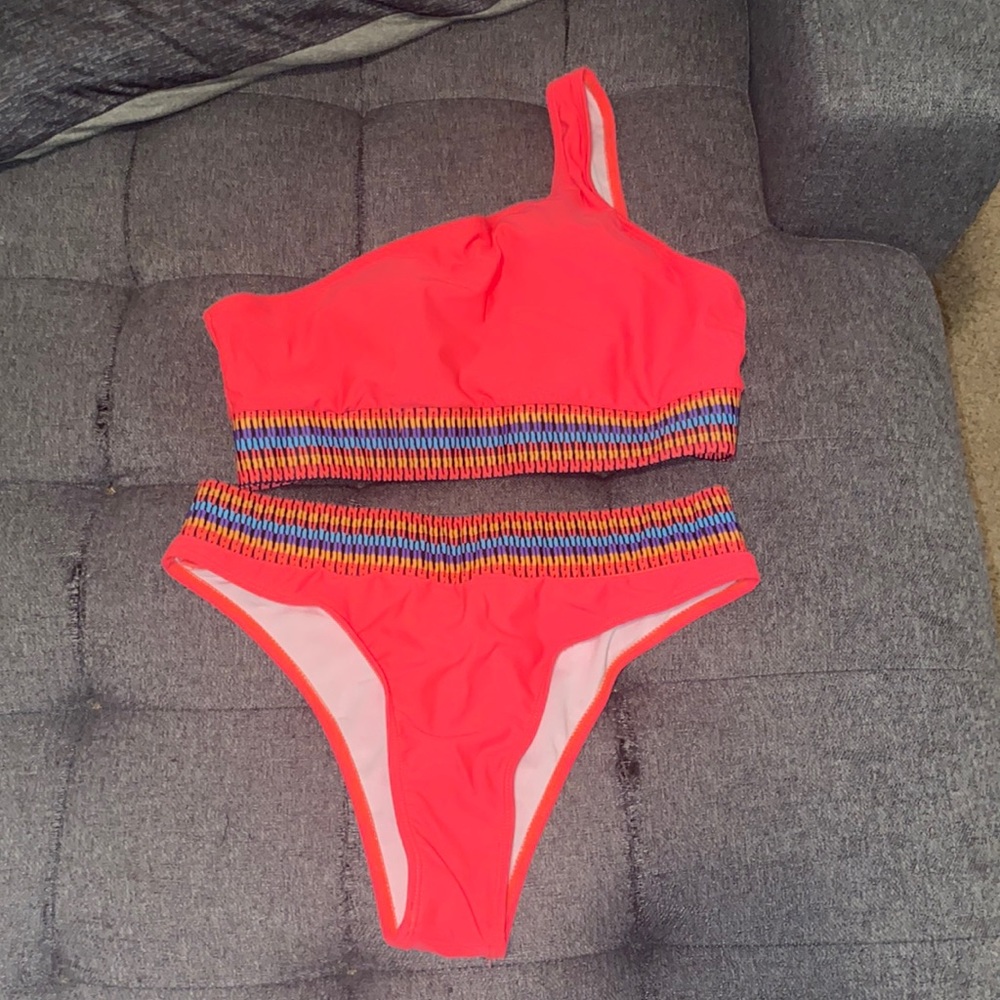 Pink SHEIN One Shoulder bikini high waist bottom
